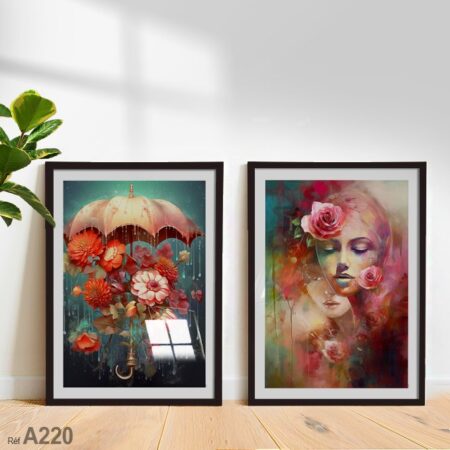 fleurs et rose abstrait sous parapluie, Tableau de décoration encadré au Maroc