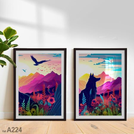 Tableau déco Mural encadré au maroc, Paysage et montagnes multicouleur, oiseaux et animal