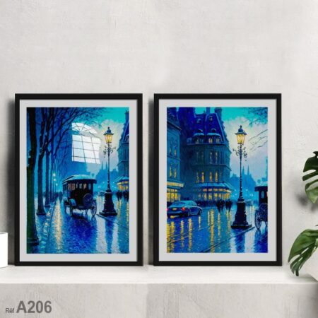 Tableau décoratif abstrait bleu, rue de paris sous la pluie cadré