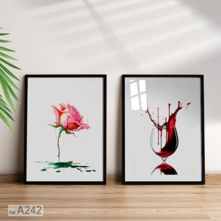 Tableau décoratif achat au Maroc : fleur rose et verre de Vin rouge