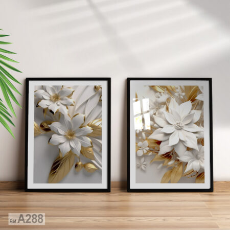 Tableau décoratif Maroc : élégantes fleurs dorées avec cadre raffiné – Achat en ligne au Maroc, art mural chic.