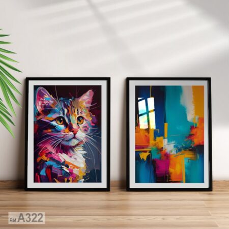 Tableau de décoration, peinture chat, vente cadre bois sous verre au Maroc طابلو