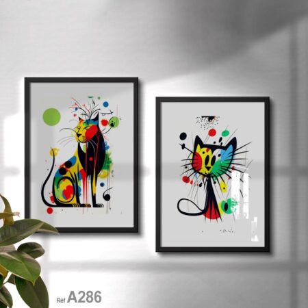 Tableau décoration chambre enfant, dessins animaux chien et chat colorés