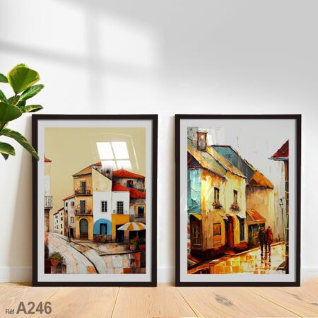 Tableau décoratif maison, peinture de village, cadre bois au Maroc