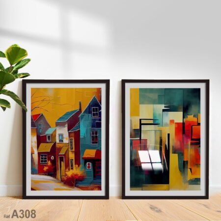 Tableau décoratif cadre bois abstrait , maison village traditionnel coloré, vente au Maroc