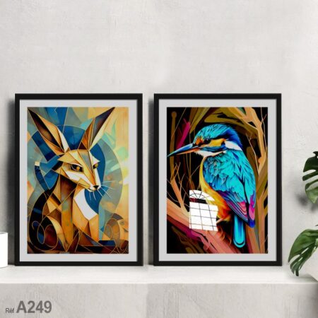 Tableau peinture, oiseau et animal lapin dans une toile abstraite au Maroc A249