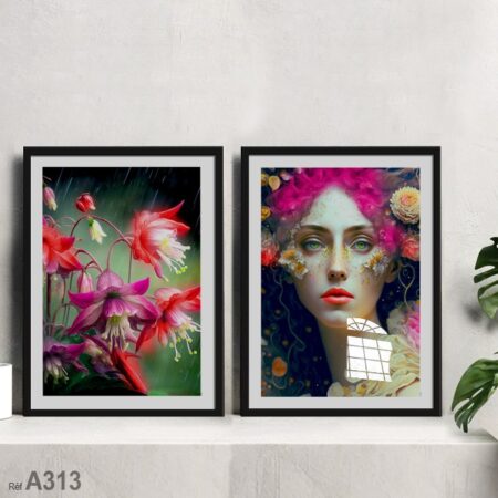 Beaux yeux femme & fleurs, Tableau décoration murale Maroc avec cadre bois