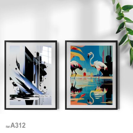Tableau décoration abstraite Maroc, Oiseaux cigogne, sous verre & cadre en bois