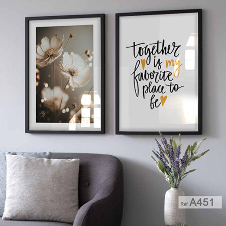 Tableaux décoratifs fleurs blanches dorés et citation anglais avec cadre en bois لوحات بإطار