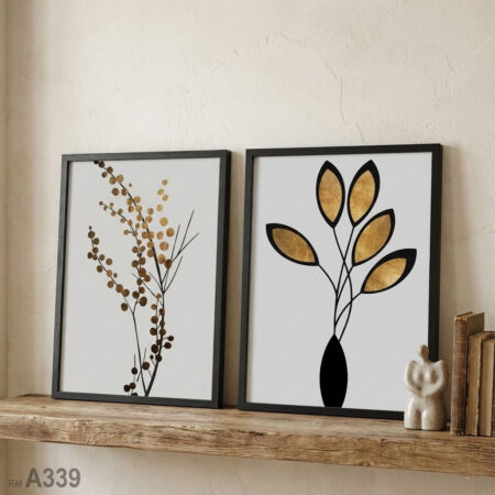 Tableaux décoratifs : Duo d'affiches d'art moderne au style minimaliste, Motifs floraux avec cadre noir, wall frame Morocco