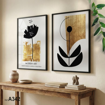 Motifs floraux et géométriques abstraits en noir et textures dorées, Tableaux décoration chambre et salon style contemporain, livraison au Maroc