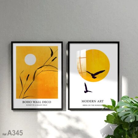 Achetez au Maroc, tableau bohème chic avec oiseaux et coucher de soleil jaune d'été, décoration murale moderne et artistique pour chambres.