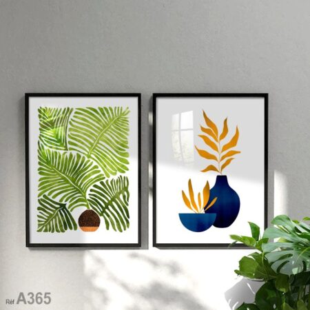 Tableau déco mural moderne à Marrakech et au Maroc, dessin végétal minimaliste vert et bleu avec cadre en bois élégant