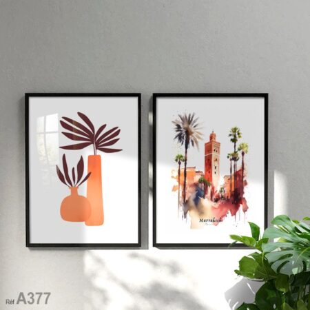 Tableau décoratif de Marrakech, vase en poterie rouge fleuri, art mural moderne, idée déco unique au Maroc.