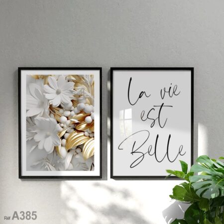 Tableau mural décoratif "La vie est belle" avec fleurs dorées et cadre élégant, idées déco chambre moderne au Maroc