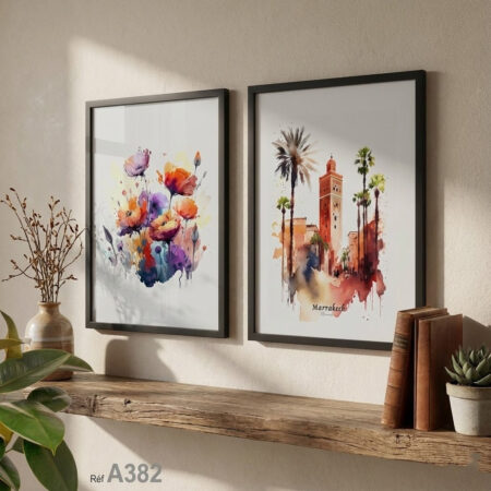 Tableaux Décoratifs colorées : ville de Marrakech et Koutoubia & Fleurs - Art Mural Aquarelle