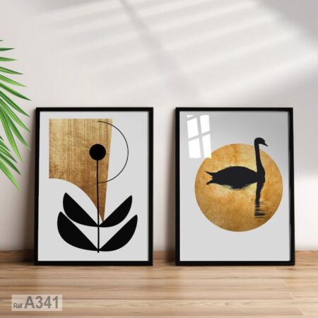 tableau déco moderne : plante abstraite dorée et oie nageant, idée déco chic pour chambre Têtes de lit ikea