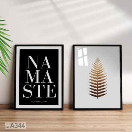 Tableau Zen Namaste, coucher de soleil doré et palmier simpliste, décoration moderne, achat au Maroc, idée déco murale élégante.