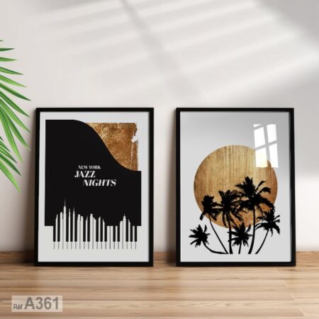 Tableau musique jazz piano, palmier et coucher de soleil doré, décoration murale moderne, art print au Maroc