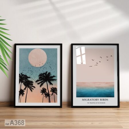Achat au Maroc, tableau déco mural moderne : coucher de soleil, palmier, oiseaux migrateurs, idée déco unique et tendance ikea