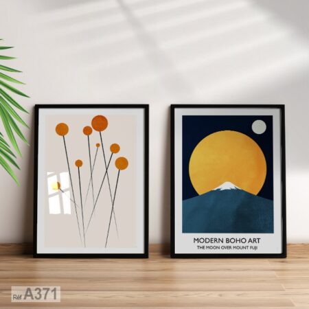 Tableau décoratif moderne au Maroc, lever de soleil sur le Mont Fuji, nuance bleu foncé, idée déco murale unique.