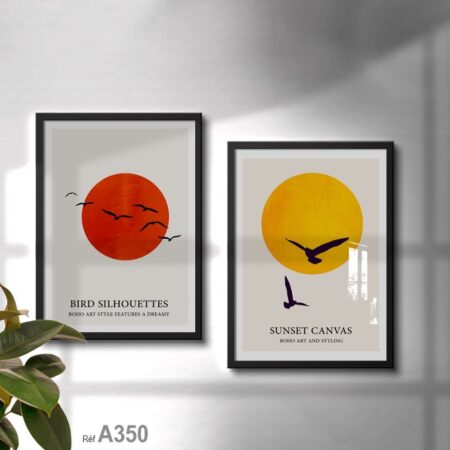 Tableau minimaliste d'oiseaux au coucher du soleil, décoration moderne pour chambre à coucher, achat au Maroc.