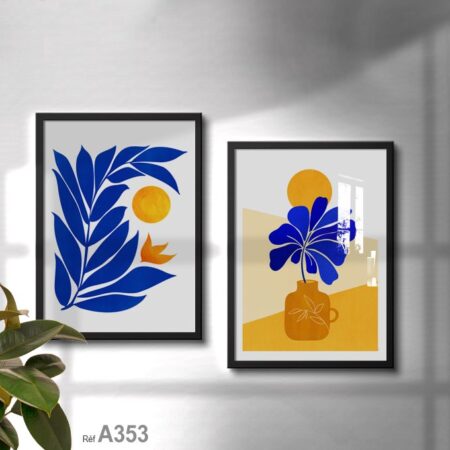 Plantes bohèmes aux couleurs orange, jaune et bleu, tableau décoratif encadré, idée déco moderne au Maroc, Marketplace