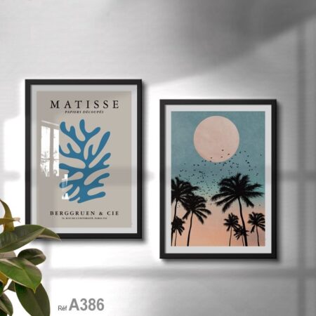 Deux tableaux: Palmier et coucher du soleil, décoration murale moderne pour bureau et maison au Maroc.