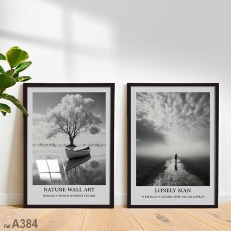 Tableau décoratif noir et blanc, homme solitaire près d’un bateau sur la rivière, une idée déco moderne unique au Maroc.