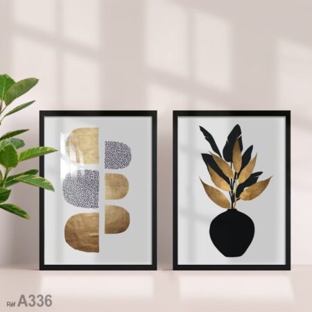 Tableau doré et noir abstrait avec vase et feuille séchée, idée déco chic, vente au Maroc, Marketplace d'art
