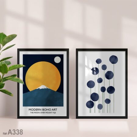 tableau décoratif vintage, lever du soleil sur la montagne Fuji, minimaliste bleu, déco studio et appartement à Casablanca