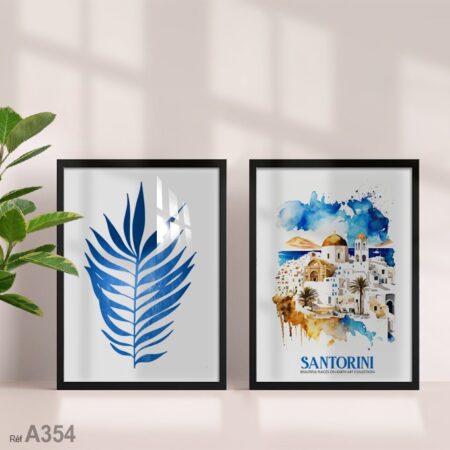 Tableau décoratif bleu inspiré de Santorin, Grèce, voyage méditerranéen, mer d'un bleu profond, achat au Maroc