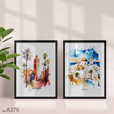 Tableau déco moderne, inspiration Marrakech et Grèce, pour agence de voyage et hôtel, achat au Maroc. Idée déco unique.