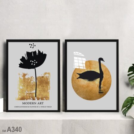tableau déco moderne : plante abstraite dorée et oie nageant, idée déco chic pour chambre Têtes de lit ikea