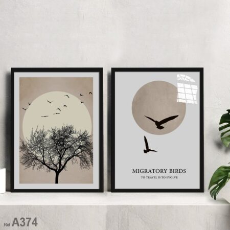 لوحات فنية بالمغرب Tableau décoratif monochrome sous verre, coucher de soleil et oiseaux sur arbre, achat déco mural moderne au Maroc