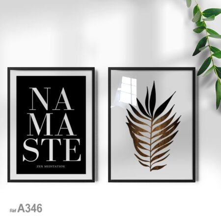 Tableau décoratif moderne, feuille de palmier doré et Namaste sur fond noir, idéal pour bureau et maison, Marketplace