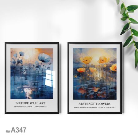 Achat au Maroc, déco murale moderne : tableau chic, fleurs bleues et jaunes dans l’eau, paysage coloré nature.
