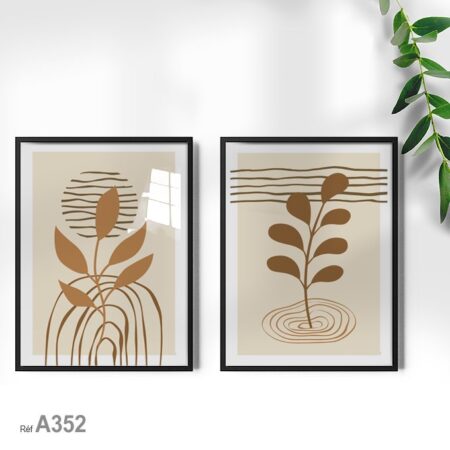 Tableau décoratif feuilles minimalistes monochromes, style bohème classique, idéal pour chambre et salon moderne au Maroc