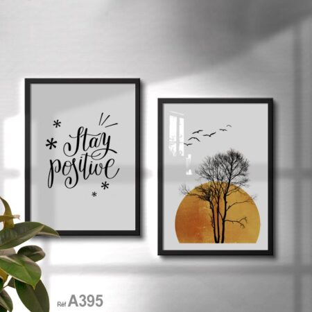 Tableau moderne avec citation positive et coucher de soleil jaune, déco murale unique, vente à Fès et autres villes du Maroc