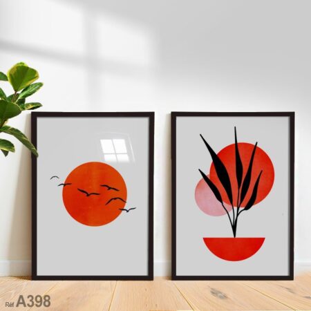Deux tableaux modernes : coucher de soleil rouge, style bohème, décoration murale contemporaine, à acheter au Maroc