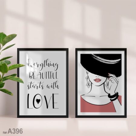 Tableau mural moderne femme chic au chapeau, citation mode & amour, idéal pour Agadir et autres villes du Maroc.
