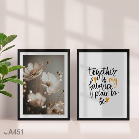 Deux tableaux décoratifs modernes : fleurs blanches dorées et citation en anglais, avec cadre, déco murale contemporaine