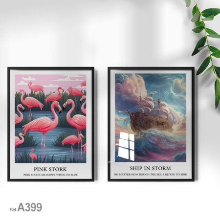 Navire et vague marine, oiseaux cigognes roses, tableau décoratif moderne pour une décoration murale élégante au Maroc