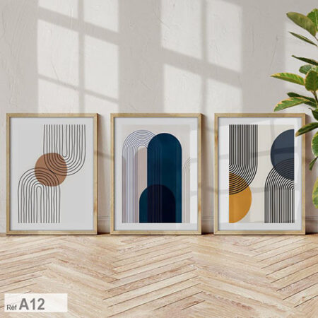 Lot de 3 tableaux décoratifs modernes, style abstrait minimaliste, art contemporain au Maroc, Trois panneaux muraux vente en ligne