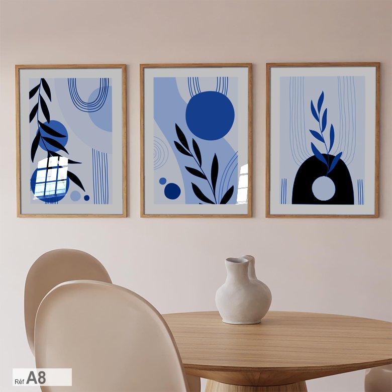 Trois panneaux décoratifs modernes bleu Maroc, salon et chambres