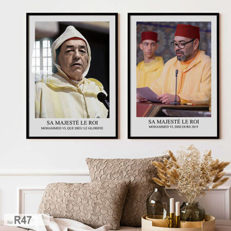 Portrait artistique du Roi Mohammed VI et de l'illustre défunt Hassan II du Maroc, tableau décorative aux couleurs vibrantes.