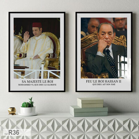 Portrait royal du Roi Mohammed VI et du défunt Hassan II sur leurs trônes, idée Tableau décorative du Maroc