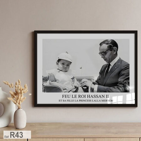 Photographie, portrait du Roi Hassan II et de sa fille, la Princesse Lalla Meryem, Tableau en noir et blanc classique