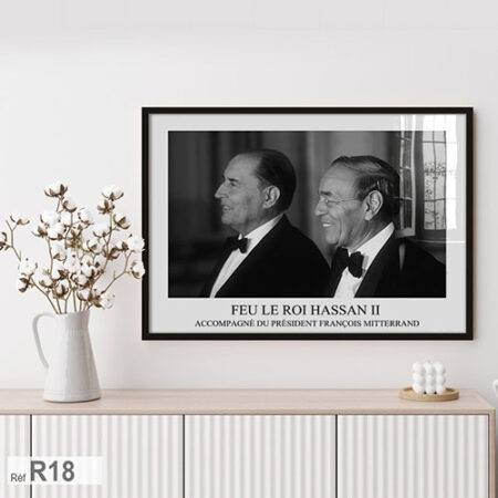 Tableaux photo feu le Roi Hassan 2 et le président François Mitterrand, tableau vitré, cadre sous verre, décoration de bureau