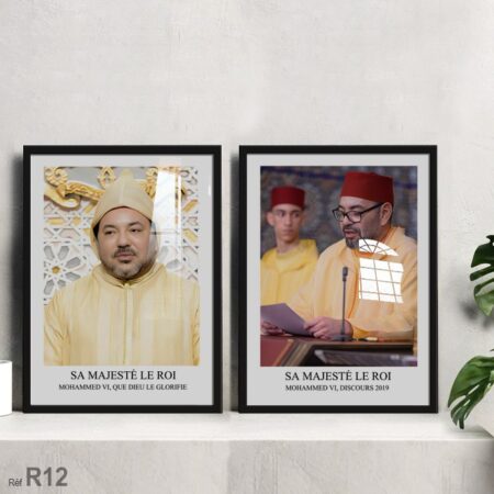 Tableau royale du Roi Mohammed VI du Maroc et du Prince Moulay El Hassan, moments majestueux capturés en photo encadrée et vitrée
